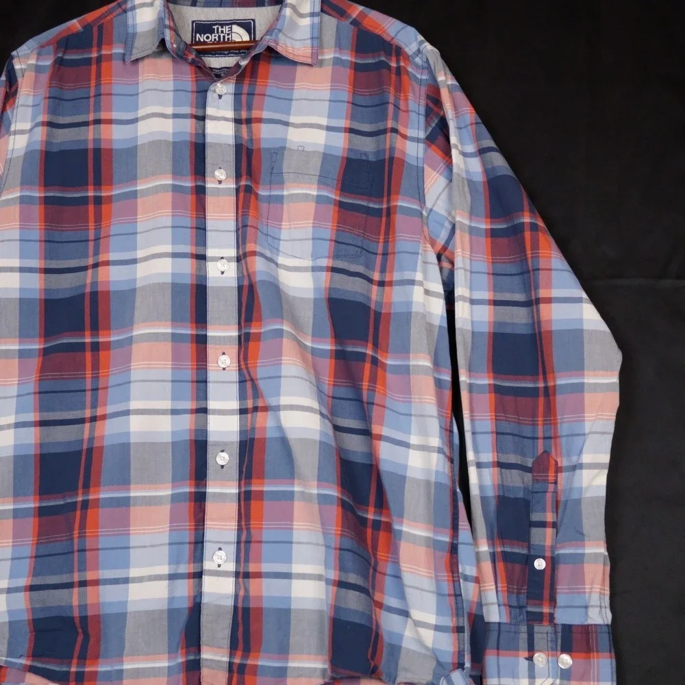 The North Face Button Down Shirt Mens XL Blue Orange Plaid Outdoor Cotton Blend